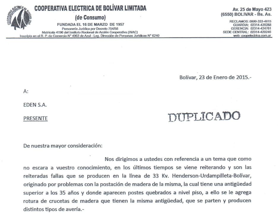 Nota a EDEN por repetidos problemas en la linea Urdampilleta-Bolívar
